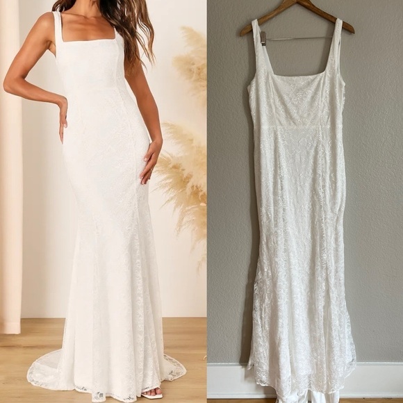 NWOT Eternal Happiness White Lace Square Neck Mermaid Maxi Dress - Picture 1 of 6